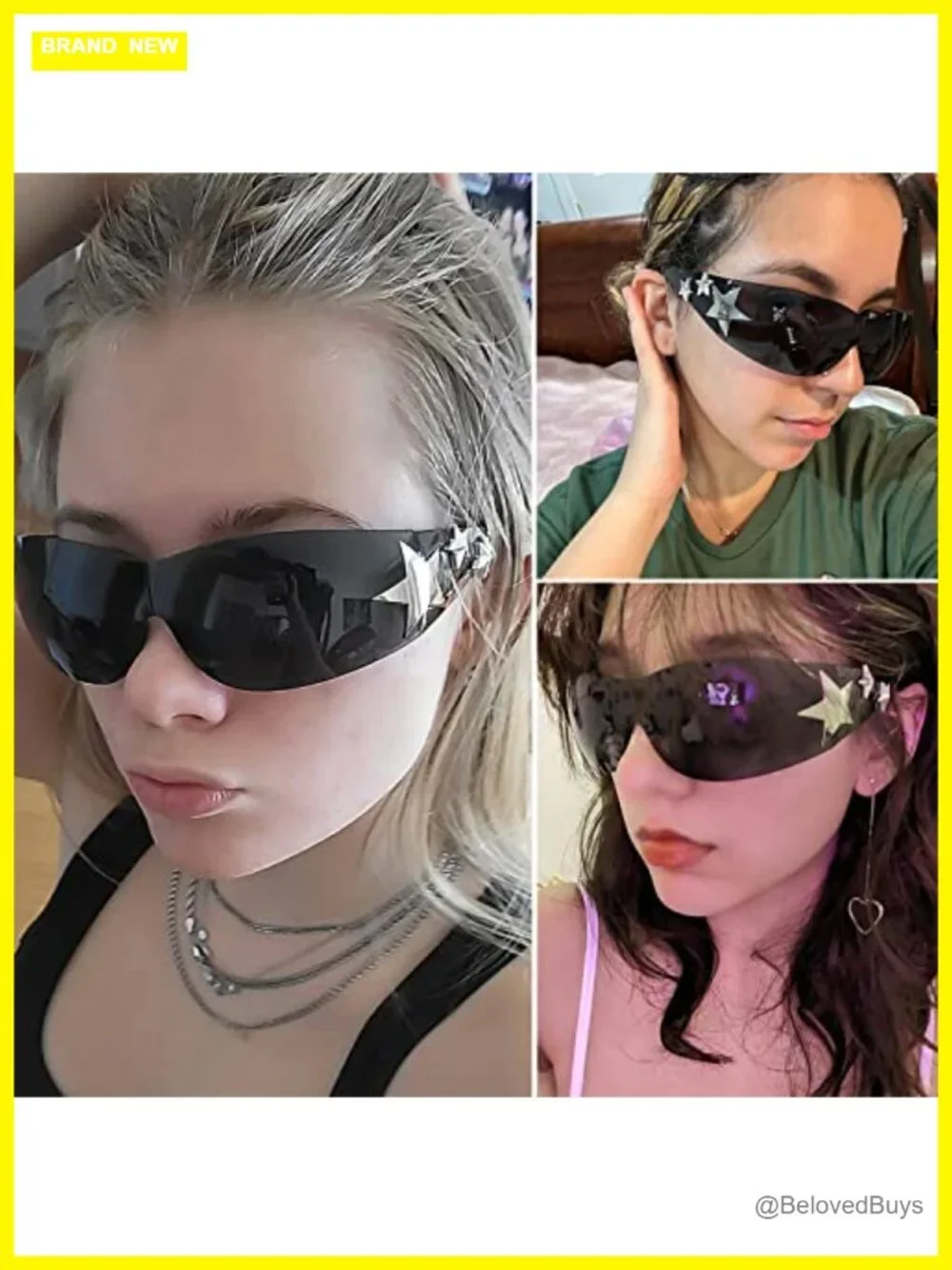 Rimless Y2K Star Wrap Around Sunglasses Shield Shades UV400